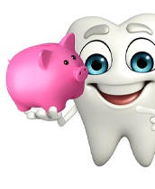 Illustration of tooth with face pointing to piggy bank